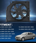 Heavy Duty Engine Cooling Fan Assembly For Bmw 323Ci 323i 325i 325Xi 328Ci 328i 330i 1999 2005 on display with fitment details.