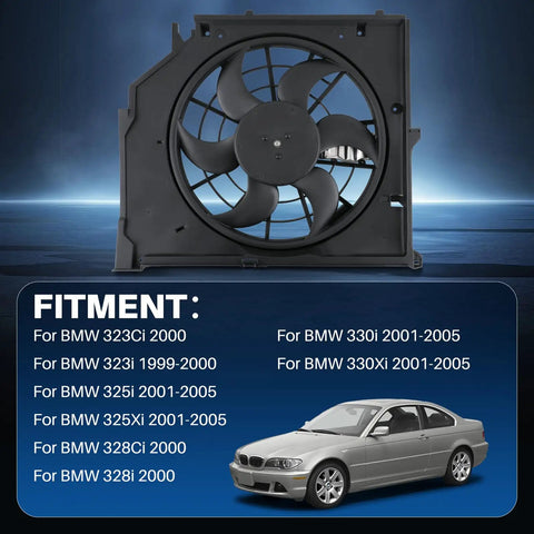Heavy Duty Engine Cooling Fan Assembly For Bmw 323Ci 323i 325i 325Xi 328Ci 328i 330i 1999 2005 on display with fitment details.
