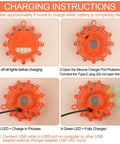 Charging instructions for USB C Rechargeable LED Road Flares Kit With Magnetic Base, including steps and LED indicators.