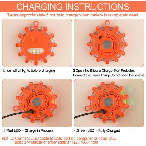 Charging instructions for USB C Rechargeable LED Road Flares Kit With Magnetic Base, including steps and LED indicators.