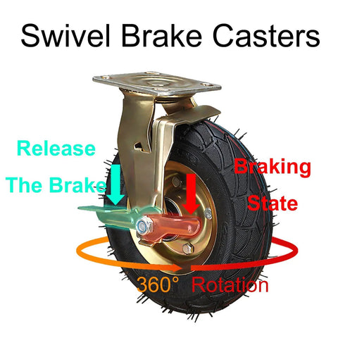 Heavy Duty Pneumatic Caster Wheels Set Of 4 With Brake And Swivel Options 10 Inch rubber tire with 360° rotation and braking feature.