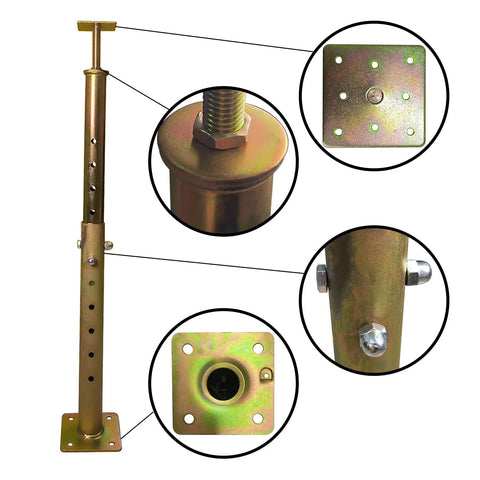 4 Pack Adjustable Floor Joist Support Jacks For Sagging Foundation Repair And Leveling Basement Beams Crawlspace Or Cellar Jobs Heavy Duty Steel shoring prop with threaded center lift and mounting base.