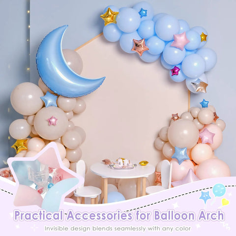 Balloon arch setup with Spring Clamps Set 10 Pieces 3.5 Inch Clear Plastic Clips With 50 Balloon Clips, star and moon décor