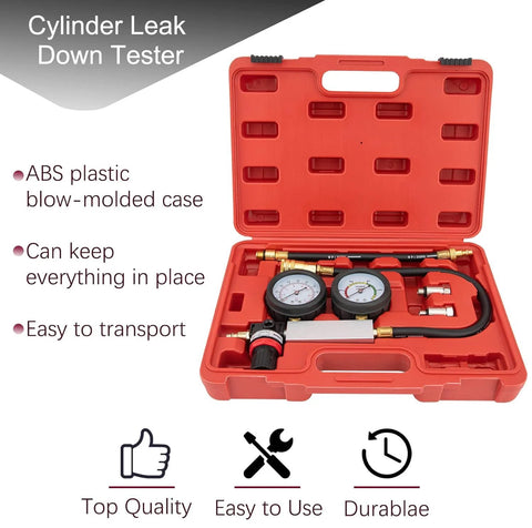 Cylinder leak-down tester kit in a red ABS plastic case with dual gauges and hoses