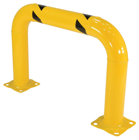 High Profile Machinery And Rack Guard 36 Inch By 24 Inch By 4 Inch Steel With Powder Coat Yellow Beefed Up Protection For Personnel And Equipment Pre Drilled Mounting Holes For Easy Lag Down Industrial Safety Guard visible with base plates and pre-drilled holes.