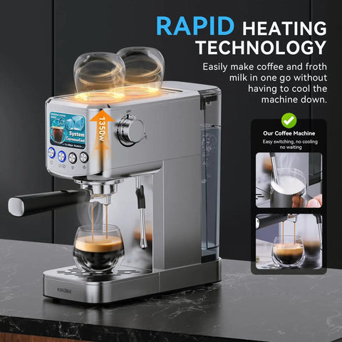 20 Bar Espresso Machine With Milk Frother, Stainless Steel Coffee Maker, 42 Oz Removable Water Tank For Cappuccino, Latte And Cold Brew, Ideal For Home Or Office, Fast Heat Up, Silky Foam, Silver on kitchen counter.