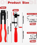 Universal CV Joint Boot Clamp Pliers Kit 22 Piece Set with red-handled pliers, ear clamp tool, crimp bands, dimensions shown