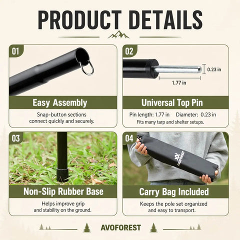 Beefy Heavy Duty Tent Poles for Tarp Adjustable 75 Inch Camping Poles 0.65 Inch Diameter details with bag and assembly features.
