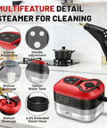 Heavy Duty Handheld Steam Cleaner Straight Up Game Changer For House And Garage With Six Adjustable Speeds Quick Heat Up Element Produces Intense Thermal Vapors To Knock Out Stubborn Stains Smoothly details showing adjustable handle and water tank.