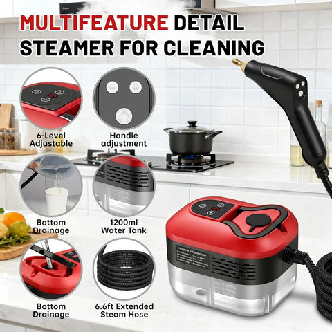 Heavy Duty Handheld Steam Cleaner Straight Up Game Changer For House And Garage With Six Adjustable Speeds Quick Heat Up Element Produces Intense Thermal Vapors To Knock Out Stubborn Stains Smoothly details showing adjustable handle and water tank.