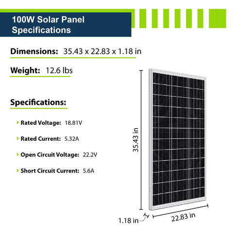100W solar panel dimensions and specifications from Must-Have 400W 12V Solar Panel Kit With Four 100W Mono Panels And 40A MPPT Controller Bluetooth Enabled For RVs Trailers Campers Marine Off-Grid Power.