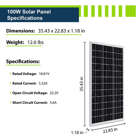 100W Solar Panel Specifications showing dimensions, weight, and details for Heavy Duty 1200W 12V Solar Panel Kit Packs Twelve 100W Mono Panels Plus A 100A MPPT Charge Controller For RV Camper Boat Buffs Demanding No Sweat Off Grid Power.