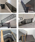 Rock Solid Black Iron Stair Spindles Featuring Tempered Glass Balusters Heavy Duty Staircase Railing Kit For Decks And Lofts Dead Simple Floor Mount Installation Includes 18 Piece Set, showcasing stairs from multiple angles with glass balusters.
