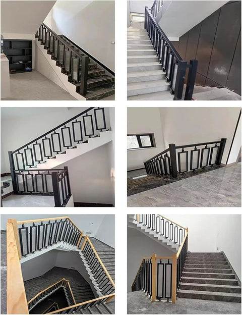 Rock Solid Black Iron Stair Spindles Featuring Tempered Glass Balusters Heavy Duty Staircase Railing Kit For Decks And Lofts Dead Simple Floor Mount Installation Includes 18 Piece Set, showcasing stairs from multiple angles with glass balusters.