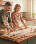 Couple using All In One 7 Piece Wood Pasta Making Set With Gnocchi Board Ravioli Stamp Makers Rolling Pin in kitchen