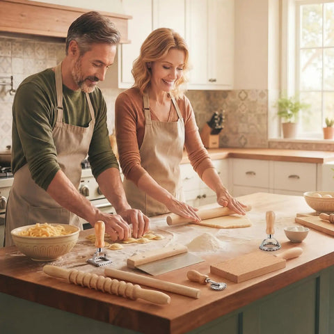 Couple using All In One 7 Piece Wood Pasta Making Set With Gnocchi Board Ravioli Stamp Makers Rolling Pin in kitchen