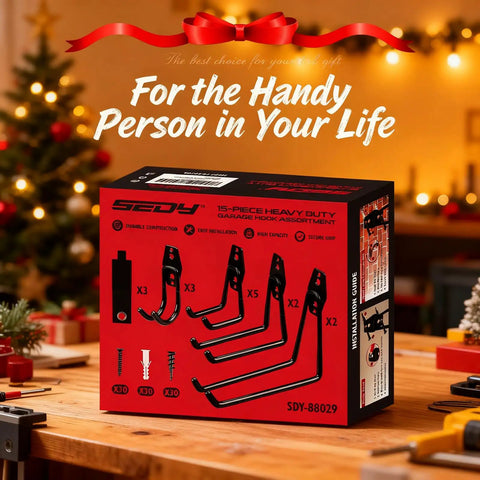 Heavy Duty Garage Tool Hook Set, 15-Piece Wall Mount Organizer box on festive background