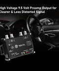 2 Channel Line Output Converter And Driver For Car Audio in a vehicle interior, showing 9.5V high RCA output with terminal blocks.