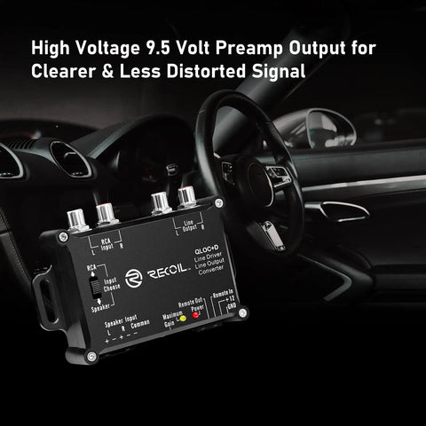 2 Channel Line Output Converter And Driver For Car Audio in a vehicle interior, showing 9.5V high RCA output with terminal blocks.