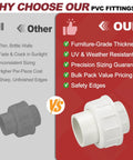 Comparison chart highlighting benefits of Two Pack One Half Inch PVC Union Coupling Fittings Slip Socket To Socket For Schedule Forty PVC Pipes