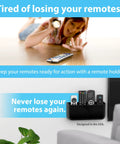 Woman reaching for a remote next to a wall-mounted remote holder. Hole-Free Remote Holder With Adhesive Mount, No Drilling Required.