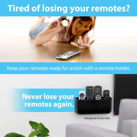 Woman reaching for a remote next to a wall-mounted remote holder. Hole-Free Remote Holder With Adhesive Mount, No Drilling Required.