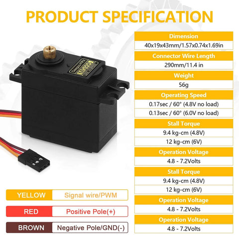 Product specifications for Four Pack Beefy 55G Metal Gear Micro Servo Motors, shown in black with connector wire details