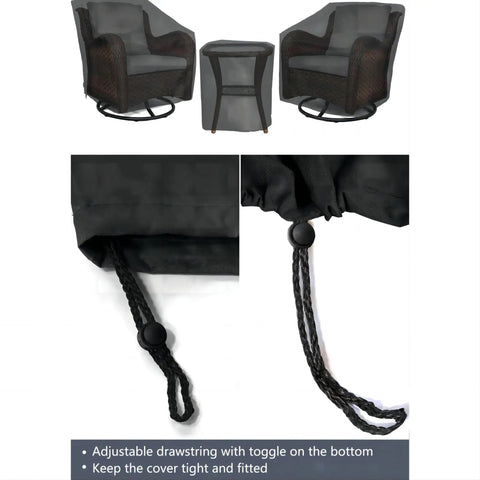 All Weather Outdoor Furniture Cover Set For 3 Piece Patio Bistro With Two Chair Covers And One Coffee Table Cover Waterproof Black Fits Deck Porch Patio Garden showing covers on wicker chairs and table with adjustable drawstring toggle.