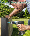 Man installing Heavy Duty L Shaped Corner Brackets For Raised Garden Beds 8 Piece Set Rust Proof Carbon Steel with a drill.