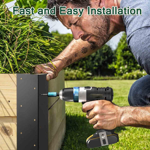 Man installing Heavy Duty L Shaped Corner Brackets For Raised Garden Beds 8 Piece Set Rust Proof Carbon Steel with a drill.