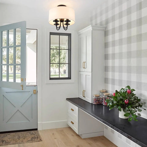 Interior with Dope Semi Flush Mount Ceiling Light Fixture With Off White Fabric Drum Shade Matte Black Canopy Chandelier