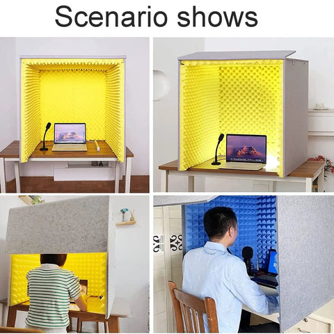 Top Shelf Acoustic Foam Panels And Soundproof Insulation Boards For Home Office Video Calls Noise Reduction Wall Tiles in a setup with laptop and mic.