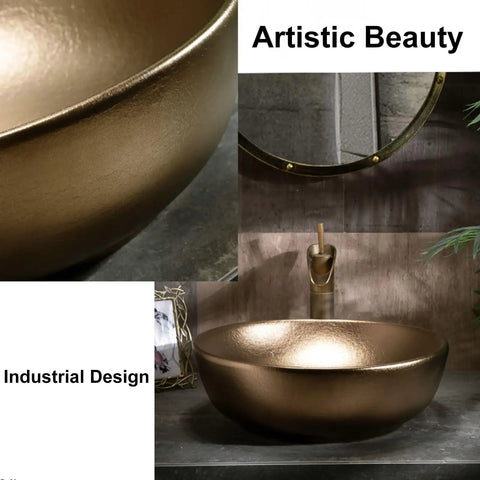 Modern Ceramic Vessel Sink with Faucet and Drain, Luxury Gold Oval/Rectangle Countertop Bathroom Vanity Basin from above