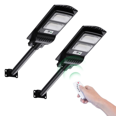 Two Ultra Bright 300W Solar Street Lights Outdoor with remote control, 112 LEDs, dusk to dawn, motion sensor, 2 pack image