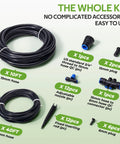 50 Feet Quick Connect Garden Watering System With Adjustable Vortex Drippers No Fuss Water Saving Automatic Drip Irrigation Kit For Raised Beds And Gardens Includes 40 Feet Of Quarter Inch Tubing 10 Feet Hose Six Way Connector And Drippers kit components displayed