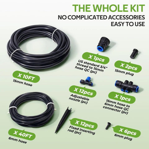50 Feet Quick Connect Garden Watering System With Adjustable Vortex Drippers No Fuss Water Saving Automatic Drip Irrigation Kit For Raised Beds And Gardens Includes 40 Feet Of Quarter Inch Tubing 10 Feet Hose Six Way Connector And Drippers kit components displayed