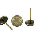 Top Shelf Vintage Upholstery Tacks 100 Pack 7/16 Inch Antique Brass Furniture Studs For Reupholstering And Diy Crafts Built Like A Tank Steel Pins That Grip Sofas And Chairs Flawlessly, showing decorative brass tacks.