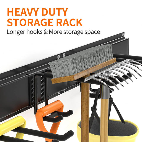 Easy Install Garage Tool Organizer Wall Mount Kit With 11 Pieces And Eight Heavy Duty Hooks holding rake, broom, and tools