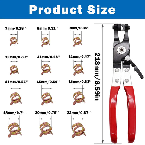Spring Hose Clamp Kit With 121 Pieces 6 To 22mm Assortment Set Swivel Flat Band Fuel Hose Clamp Plier Silicone Vacuum Hose Clip Action Pipe Clamp For Low Pressure Air Lines Durable 65Mn Steel Construction showing 7-22mm sizes and remover plier