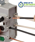 No Sweat 15 Amp Tamper Resistant Duplex Wall Outlet 10 Pack Lever Style Wire Connectors With Bold Color Markings For Rapid Safe Circuit Installations In Crisp Clean White, showing wire connection.