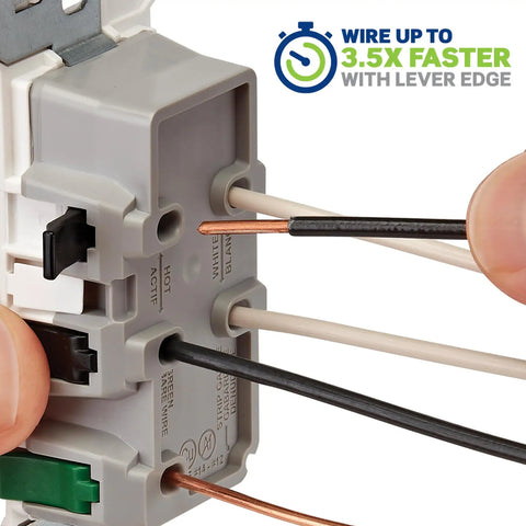 No Sweat 15 Amp Tamper Resistant Duplex Wall Outlet 10 Pack Lever Style Wire Connectors With Bold Color Markings For Rapid Safe Circuit Installations In Crisp Clean White, showing wire connection.