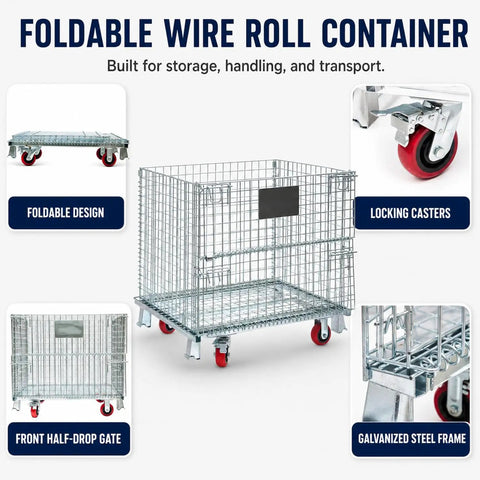 Hella Tough Collapsible Wire Storage Basket With Easy Roll Wheels, collapsible design, galvanized steel frame, perfect for garage clutter.