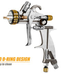 Pro Grade HVLP Mini Air Spray Gun For Clearcoat Touch Ups With Precision Stainless Steel Nozzle 150 Ml Cup showing no O-ring design.