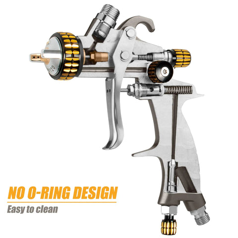 Pro Grade HVLP Mini Air Spray Gun For Clearcoat Touch Ups With Precision Stainless Steel Nozzle 150 Ml Cup showing no O-ring design.