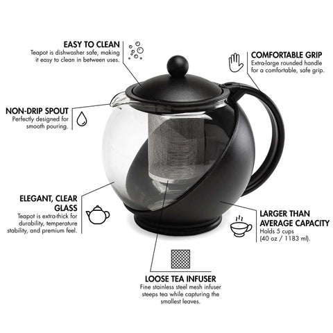 Half Moon Glass Teapot With Removable Infuser And Fine Mesh Stainless Steel Filter Dishwasher Safe 40 Ounce Black Tea Maker