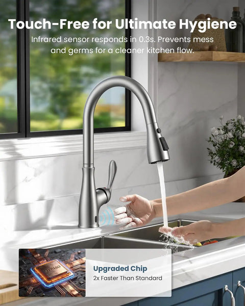 Touchless Kitchen Faucet With Pull Down Sprayer, Motion Sensor Hands Free Convenience, Single Handle Smart Sink Faucet in use.