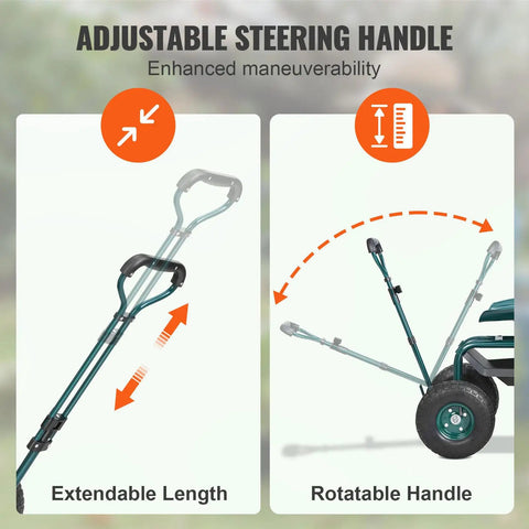 Green Garden Cart Rolling Workseat with Wheels 360 Degree Swivel Gardening Stool showing adjustable steering handle features.
