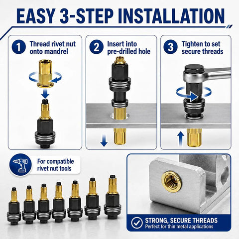 Pro Grade Carbon Steel Rivet Nut Tool Set With Assorted Mandrels showing easy 3-step installation process for secure threading.