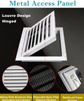 Tough As Nails Louvered Access Panel With Fresh Air Vents And Easy Push Button Switch Removable Critter Shield For No Fuss 28X34 Inch Drywall Ceiling Door Install showing hinged design and removable nylon filter.