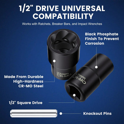 5 Piece Lug Nut Extractor Set With Half Inch Drive For Stripped Nuts And Bolts Includes 17Mm 19Mm 21Mm 22Mm Sockets And Center Punch Bar